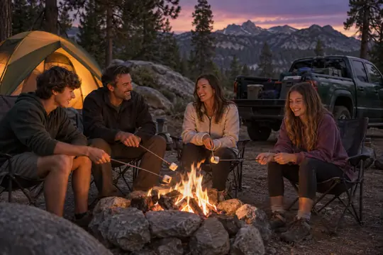A family toasting marshmallows at a campfire in the Sierra with their truck nearby