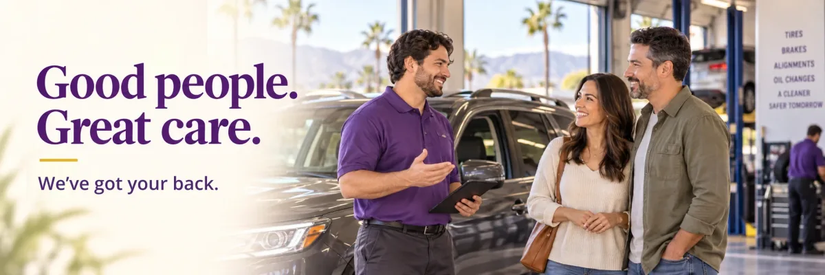 Good people. Great care. We’ve got your back. A service advisor welcomes a family at the shop.