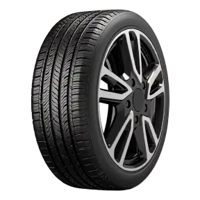 A touring tire on a black alloy wheel