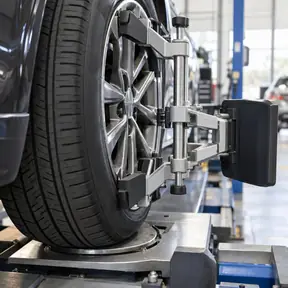 A wheel clamp gripping a front tire on an alignment turn plate