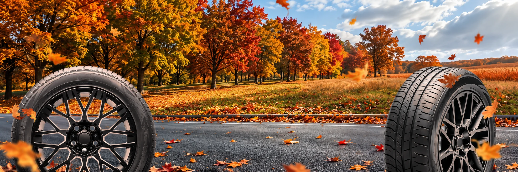 Tires beside a road lined with autumn trees