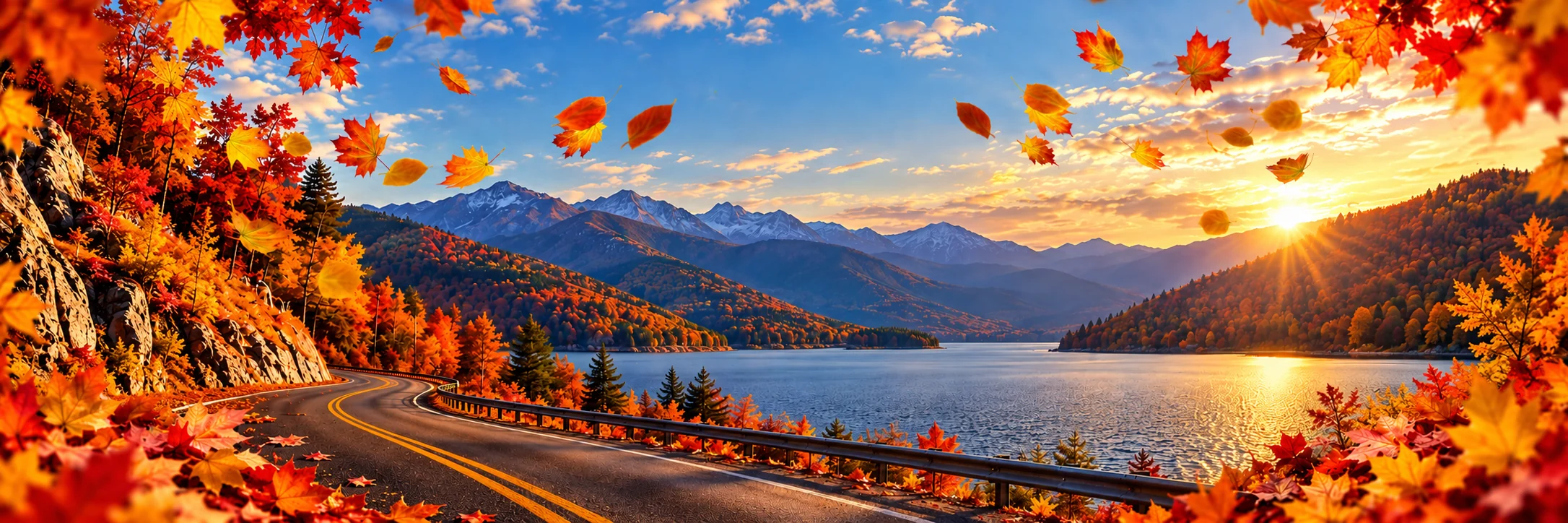 An autumn lake and mountain road at sunset
