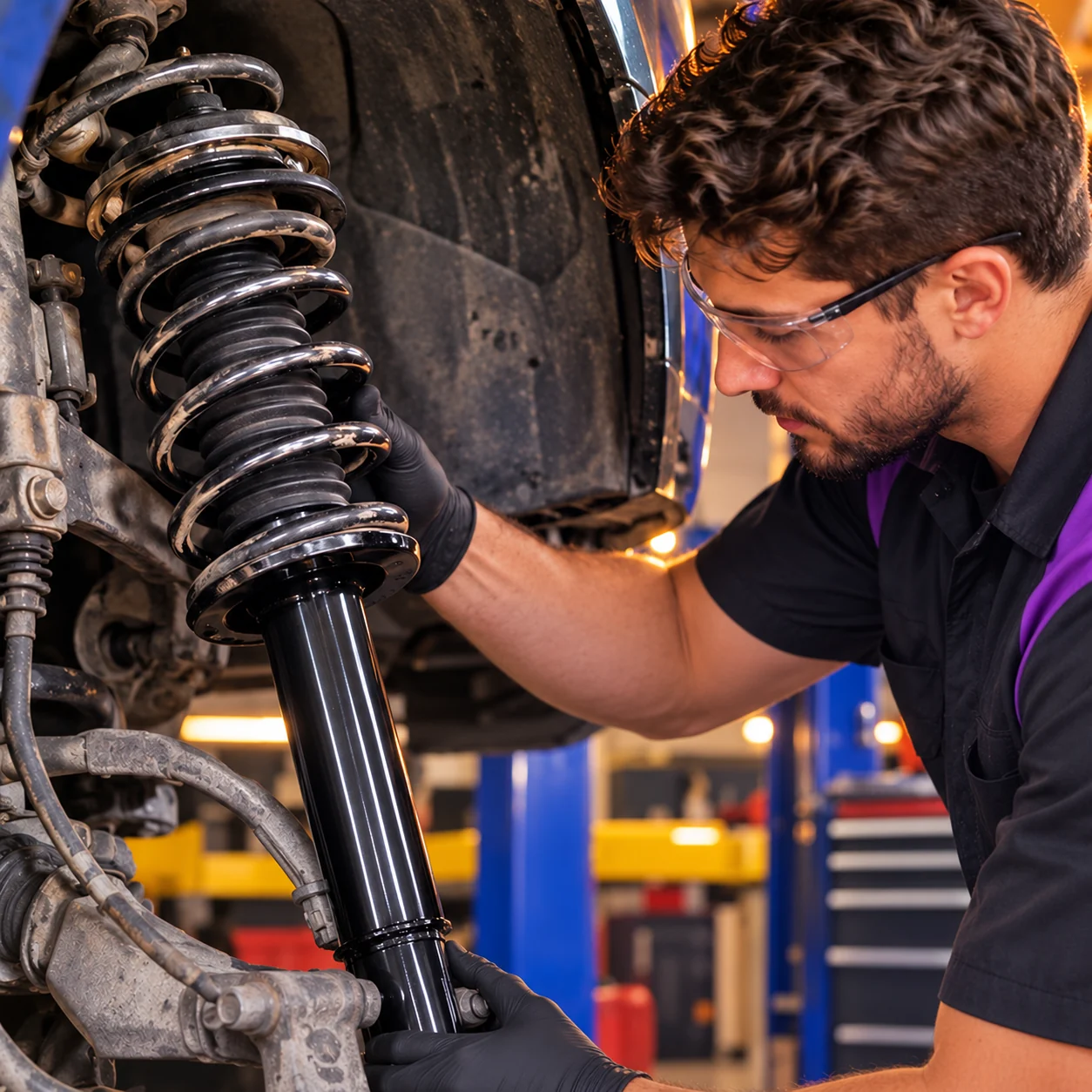 Technician inspecting a suspension strut