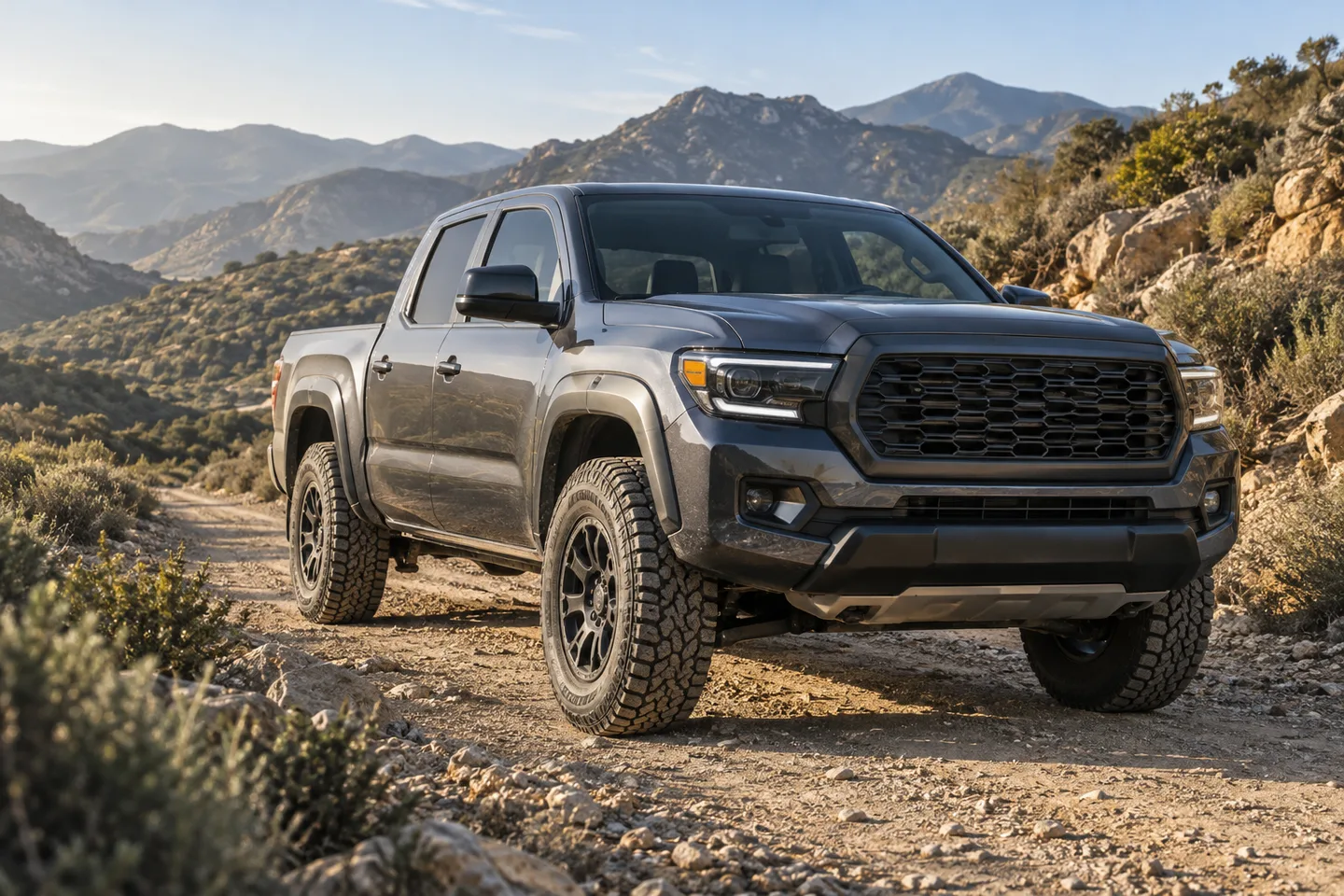 A pickup truck on a rocky mountain trail