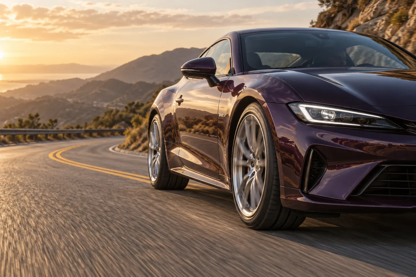 A sports coupe on a winding coastal road