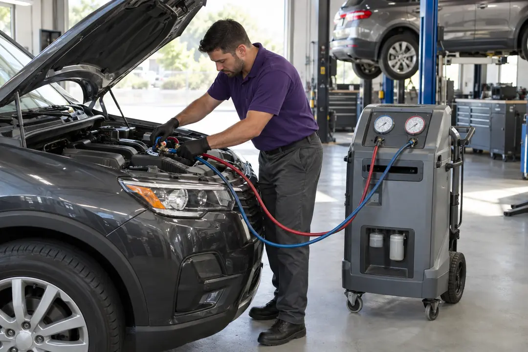 An A/C service machine connected to a car