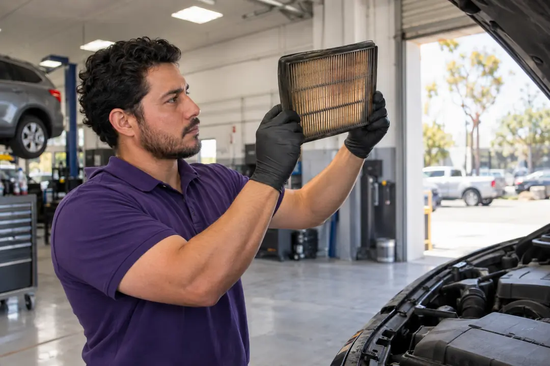 A technician holding a used air filter up to the daylight