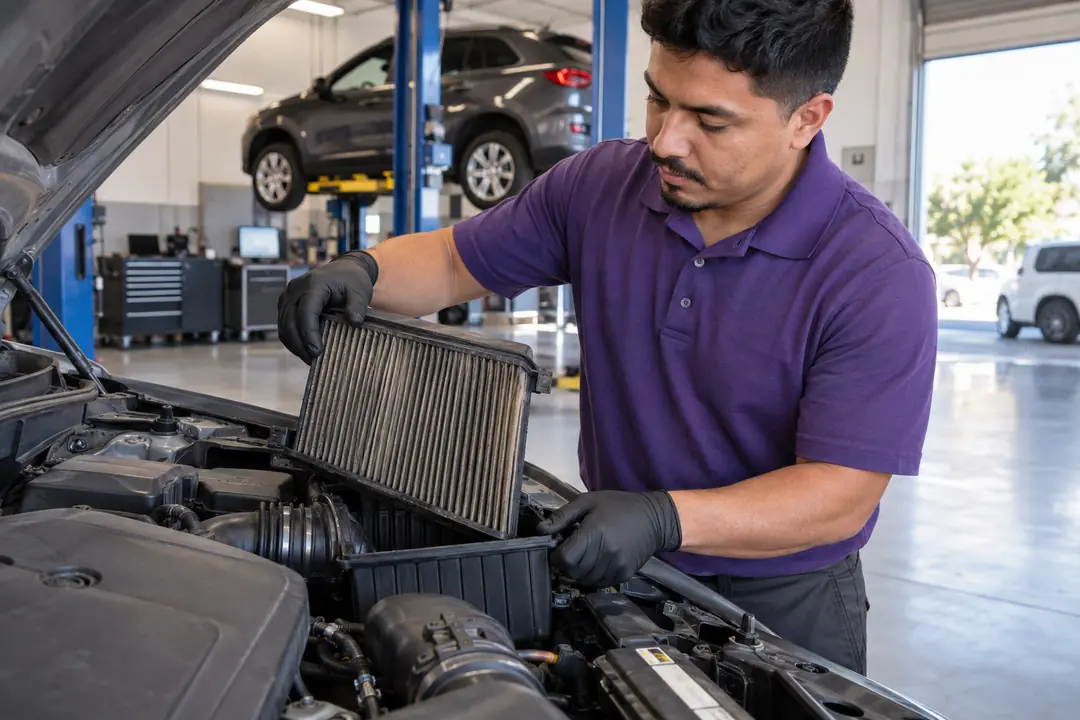 A technician lifting a dusty filter out of its housing