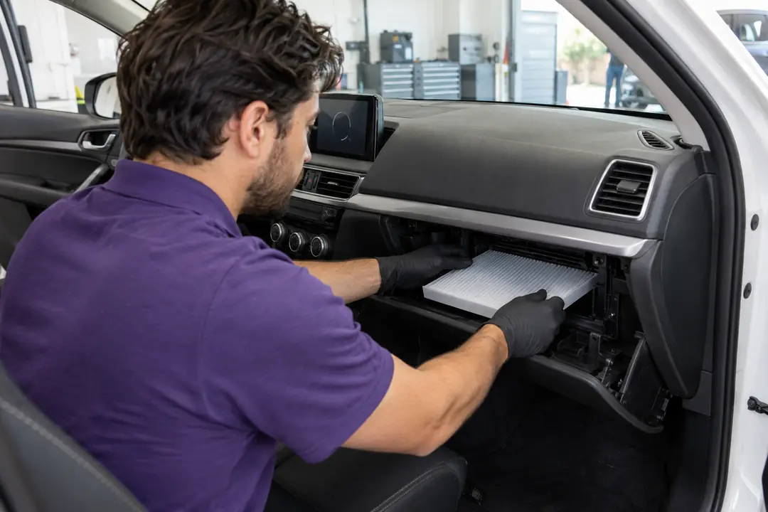 A technician sliding a new cabin filter in behind the glove box