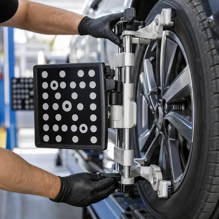 An alignment target clamped to a wheel