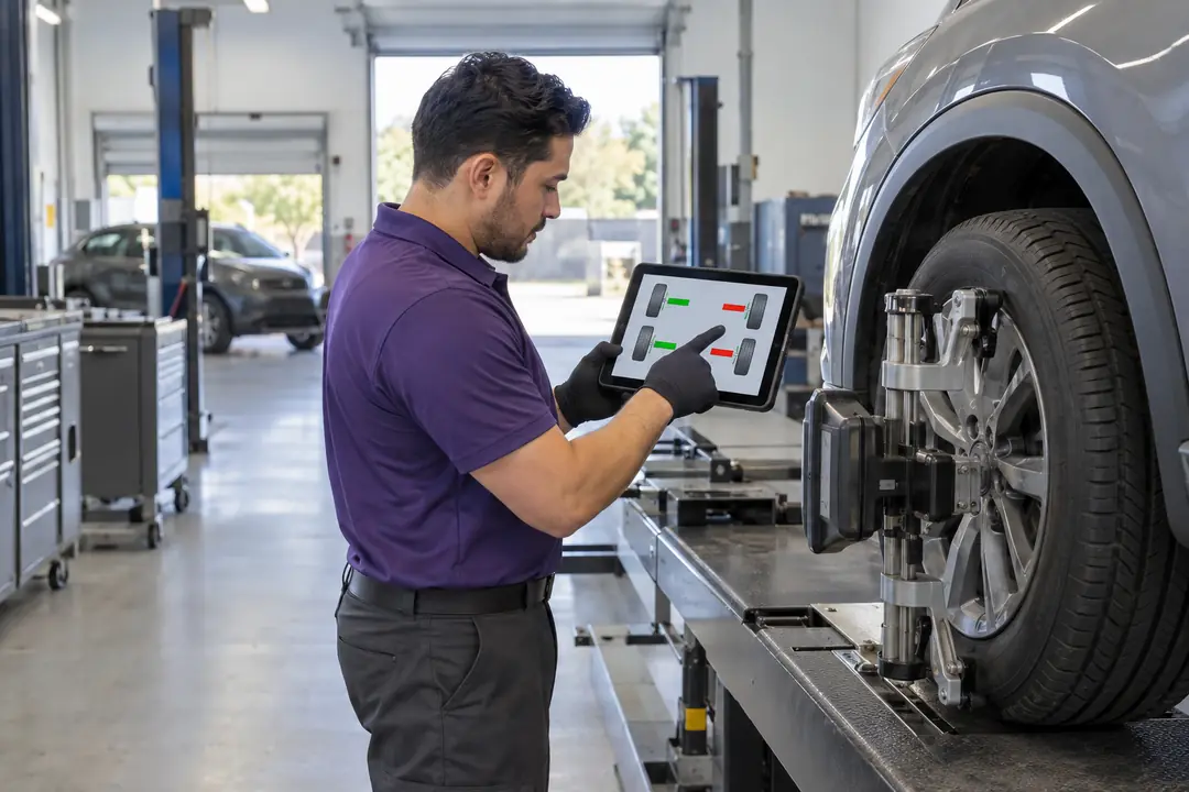 A technician pointing to a reading on a tablet beside a car
