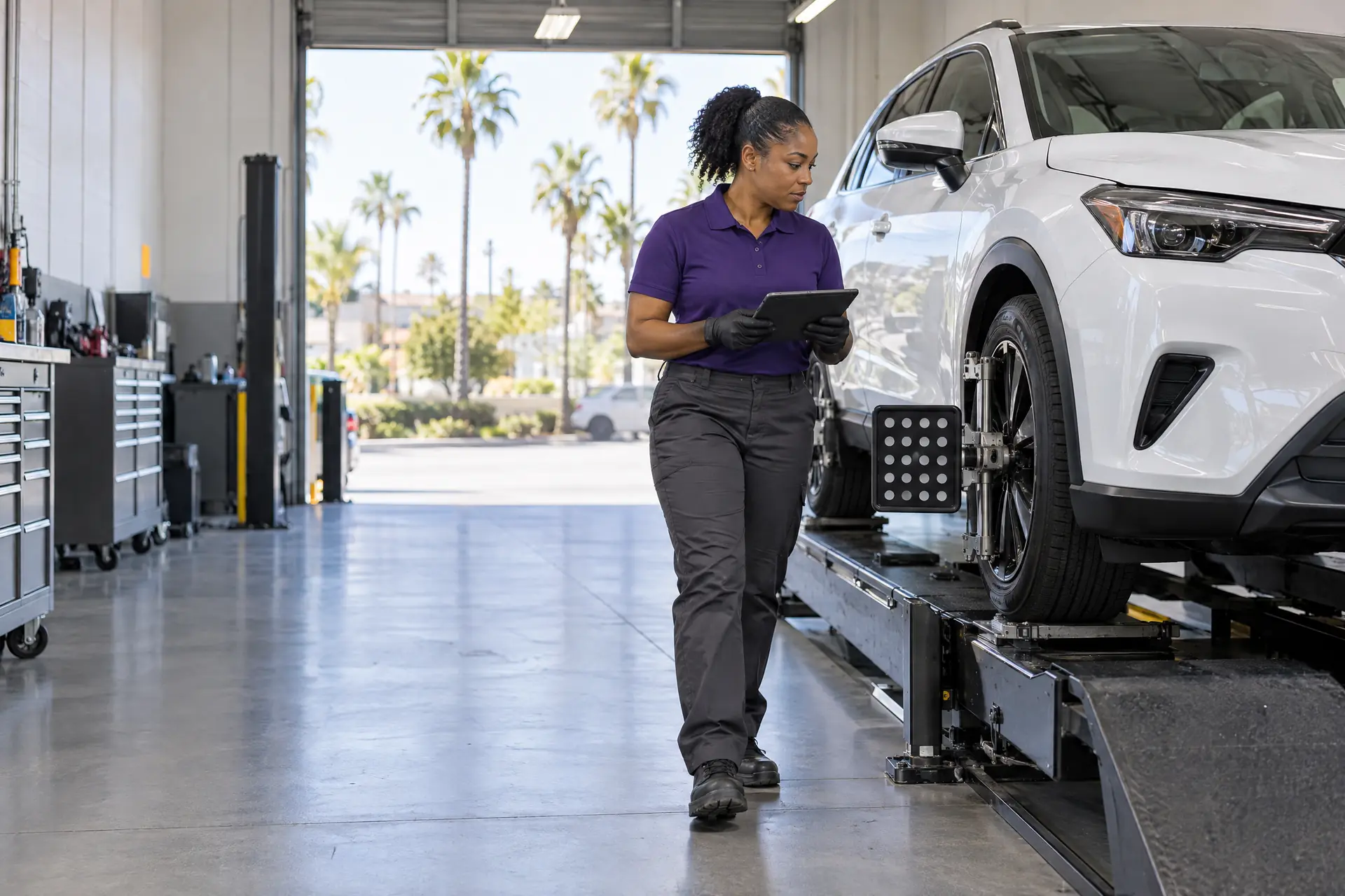 A technician with a tablet beside a crossover on an alignment rack