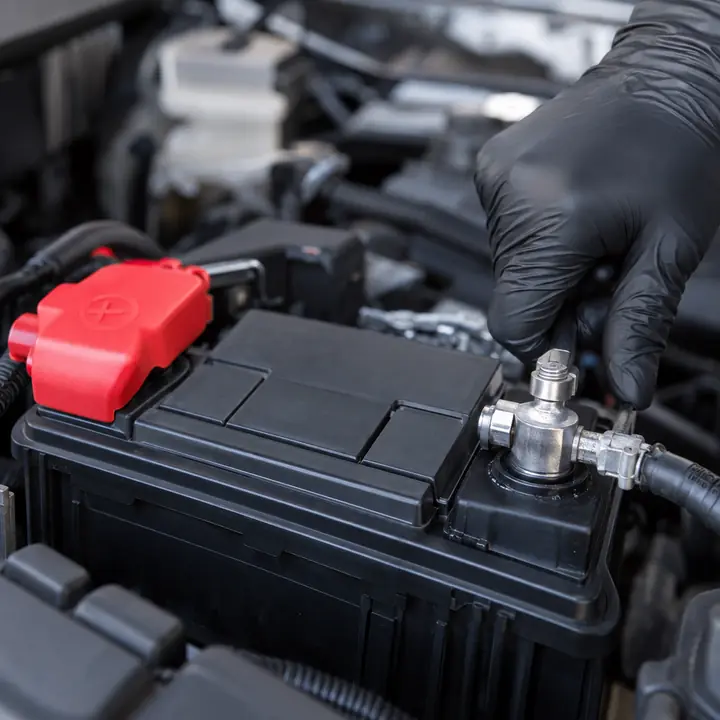 Clean battery terminals with a red cover on the positive post