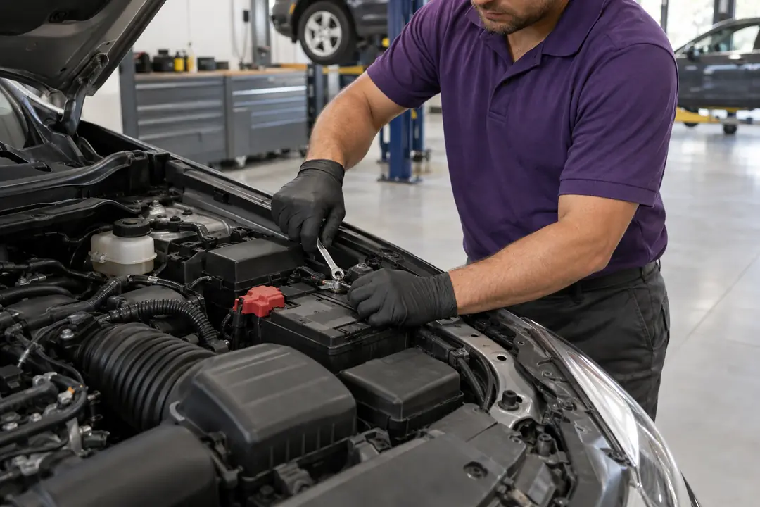 Gloved hands loosening the negative battery terminal