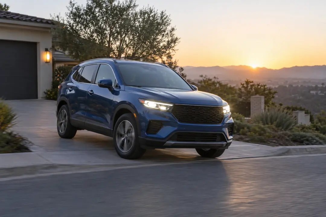 An SUV pulling out of a driveway at dawn