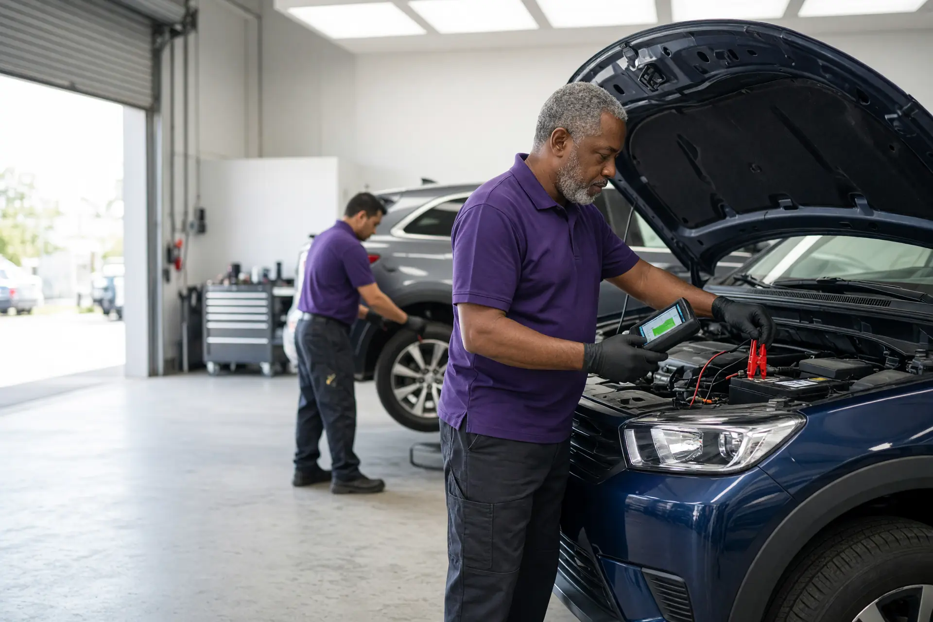 A technician testing a car battery with a handheld tester at an open hood