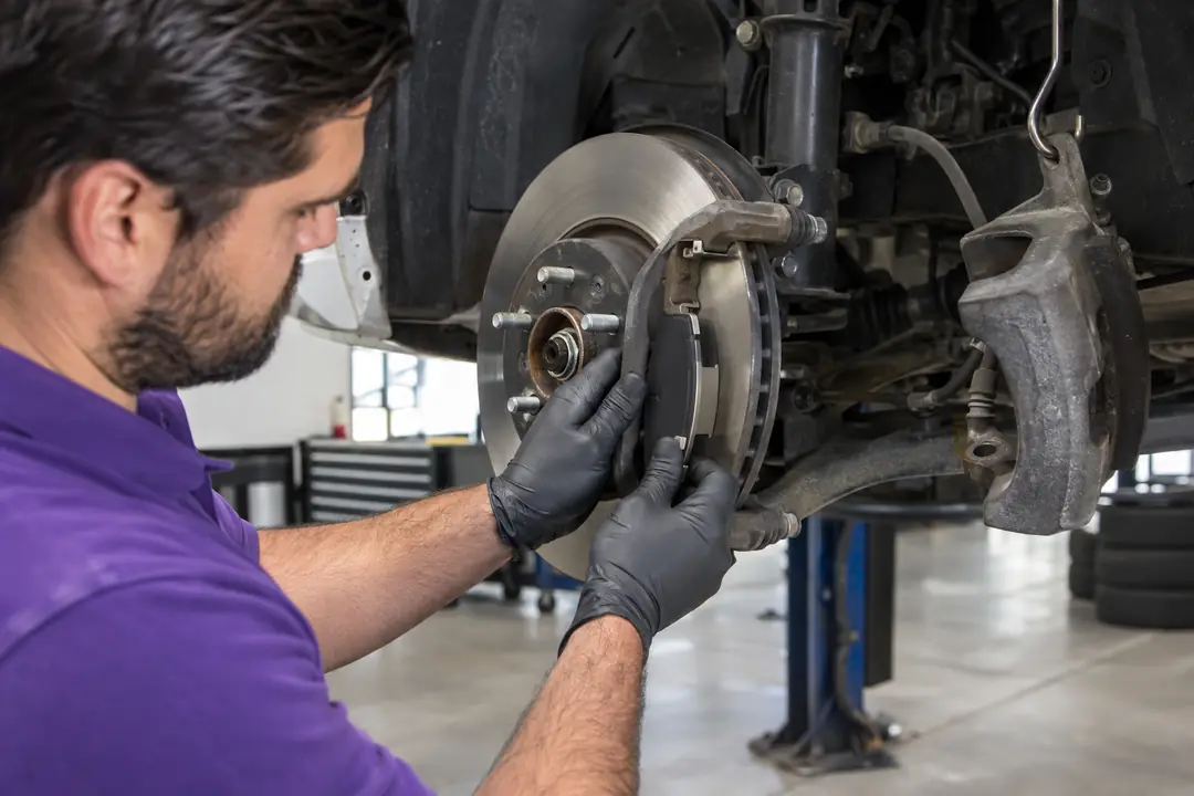 Gloved hands fitting a new brake pad into the caliper bracket