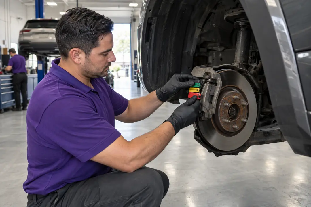A technician holding a brake pad gauge against a pad