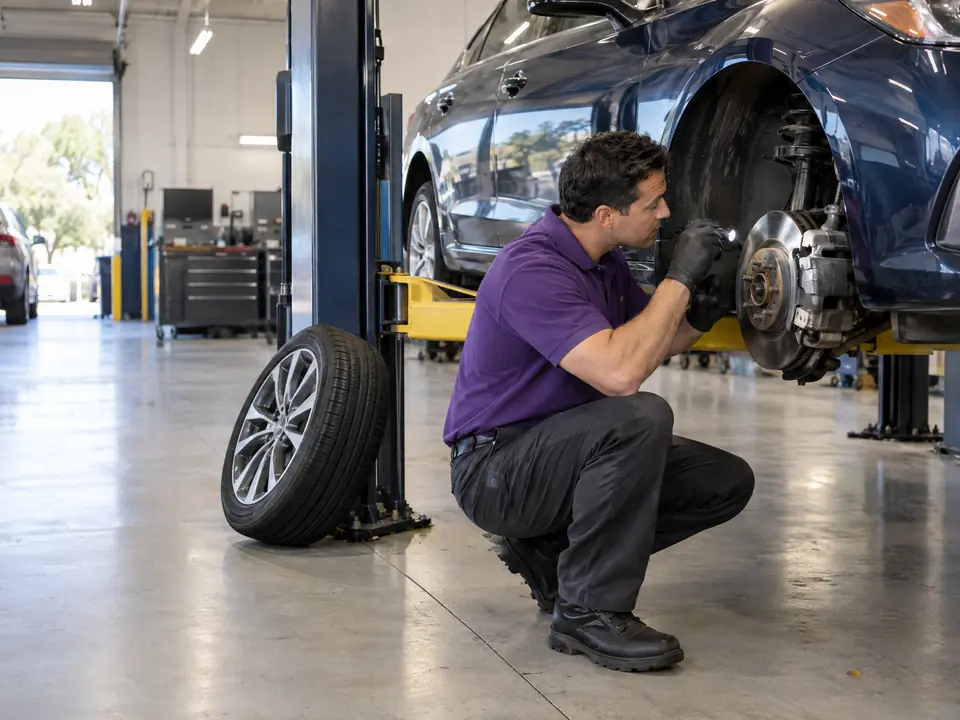 A technician inspecting a front disc brake with a flashlight, the wheel removed