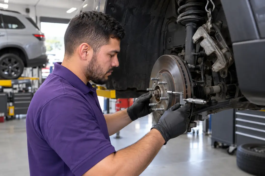 A technician measuring a brake rotor with a micrometer