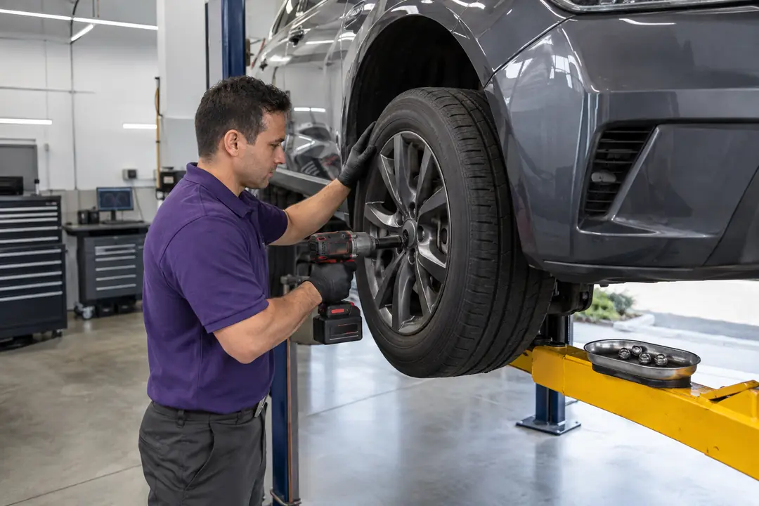 A technician removing a wheel with an impact wrench