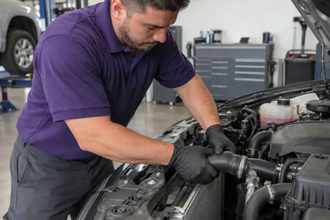 Gloved hands squeezing a radiator hose