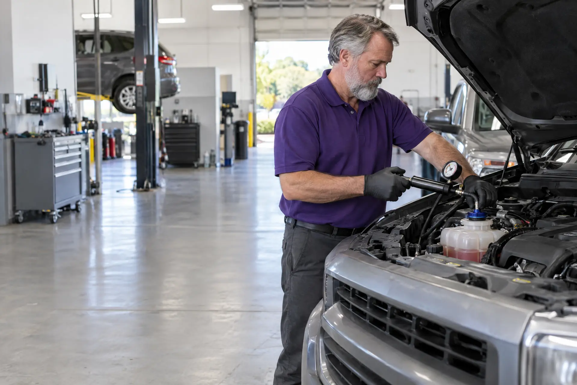 A technician pressure-testing a cooling system under the hood of a pickup