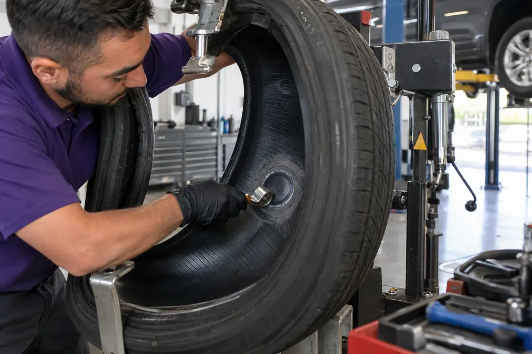 A patch being pressed onto the inside of a tire