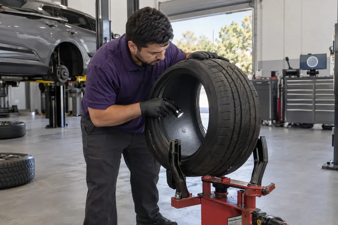 A technician inspecting the inside of a tire with a flashlight