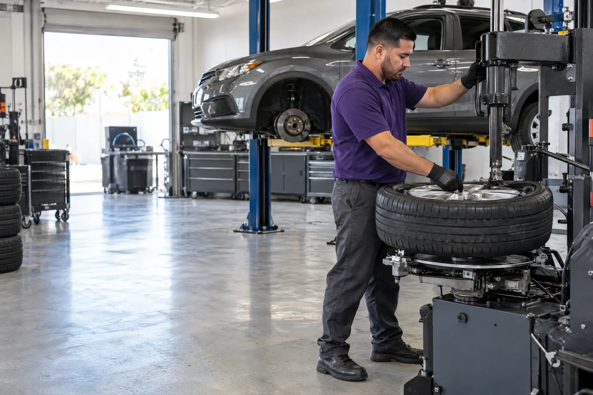 A technician at a tire changing machine, a crossover on a lift behind him