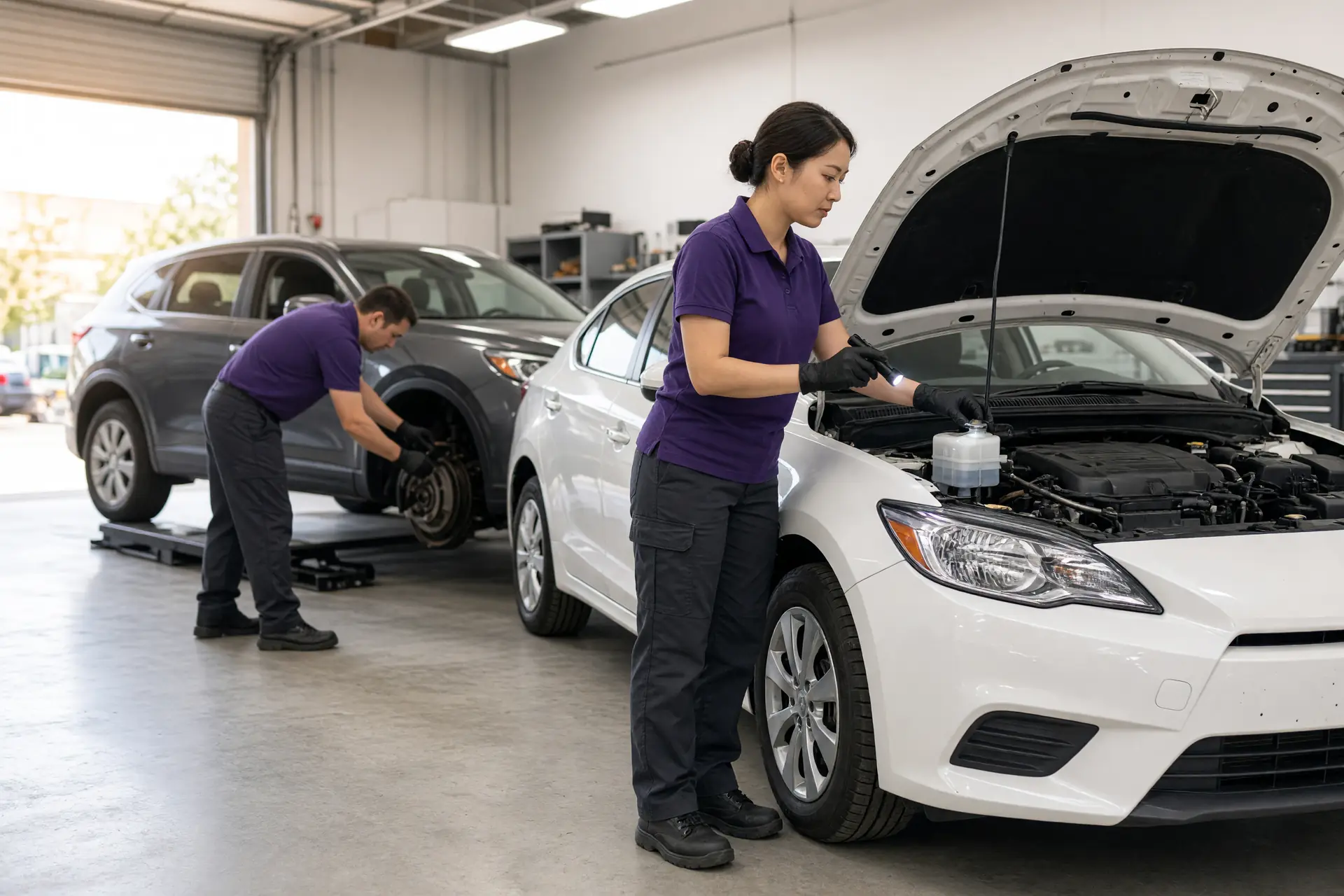 A technician checking a brake fluid reservoir under the hood of a sedan