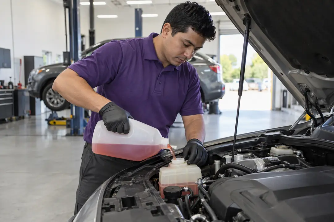 A technician refilling a fluid reservoir