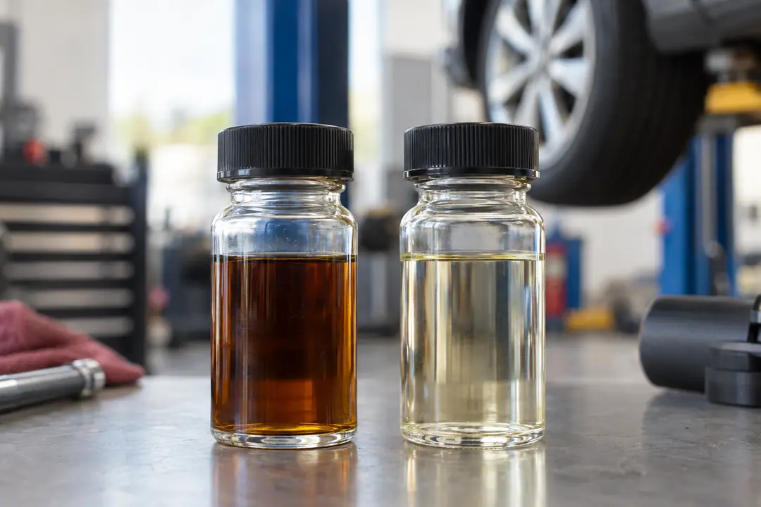 A vial of dark used brake fluid beside a vial of clear new fluid