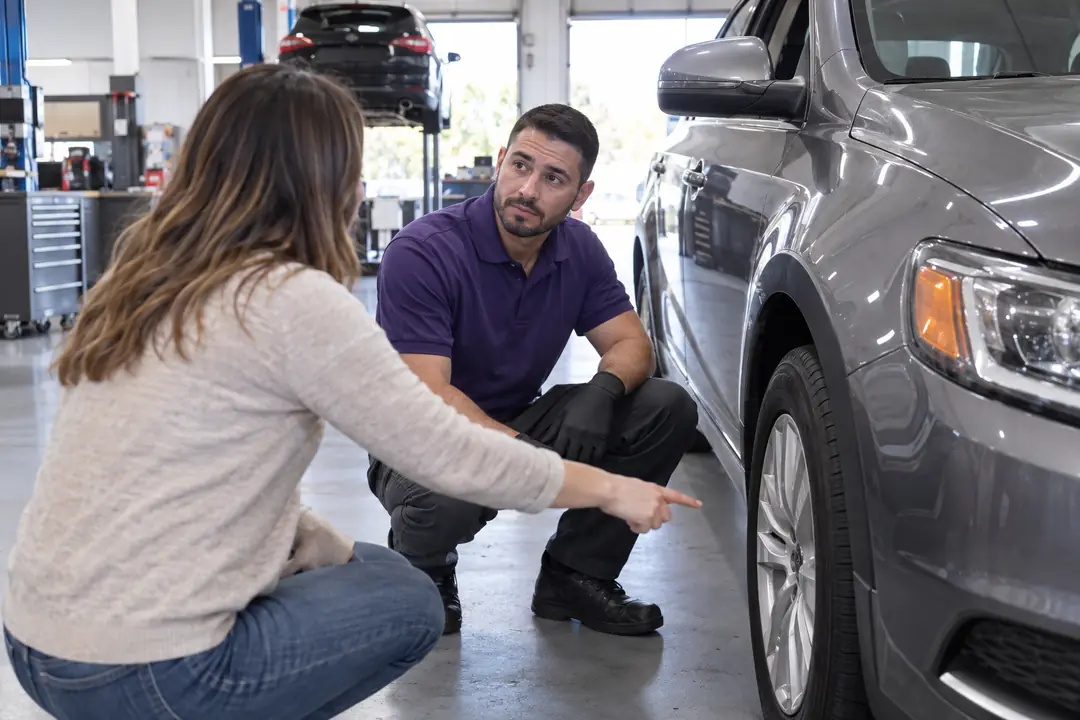 A technician listening to a customer beside a car