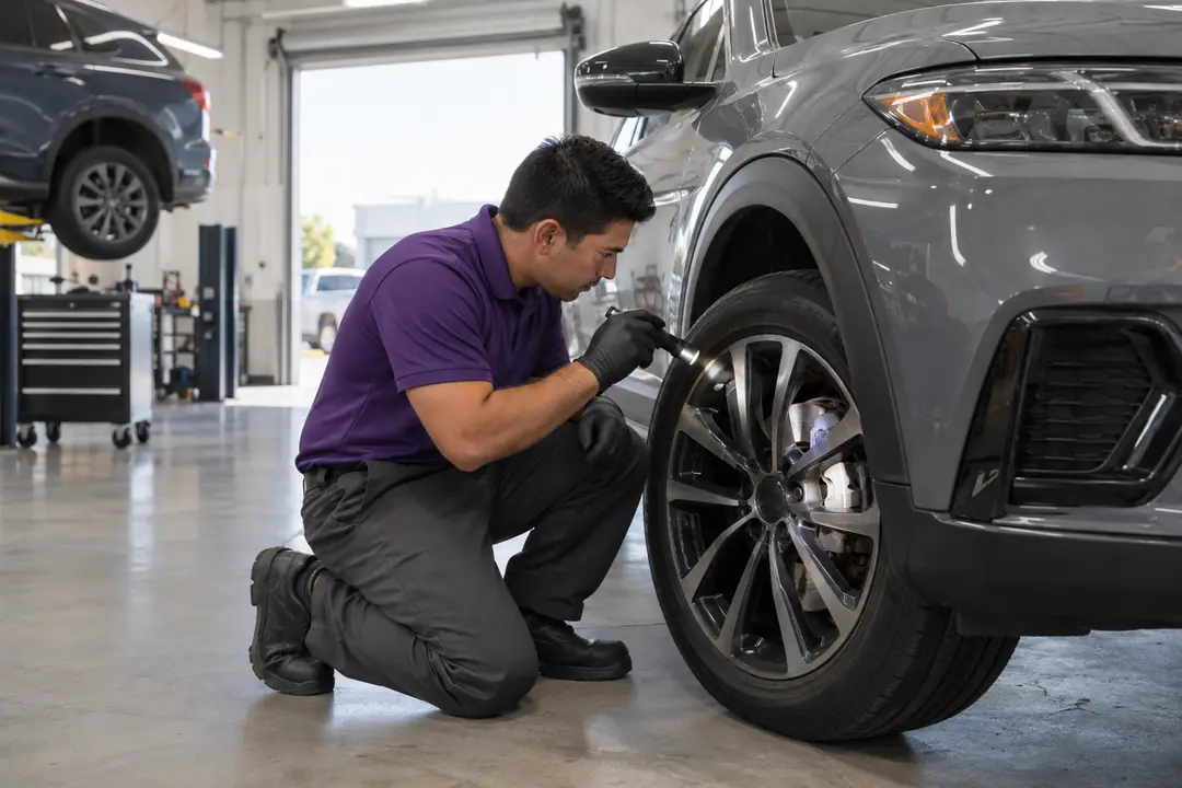 A technician shining a flashlight through a wheel at the brakes
