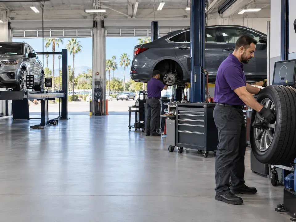 A bright service center with cars on an alignment rack and a lift