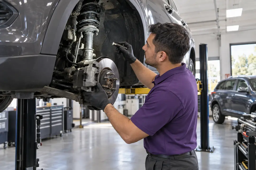 A technician inspecting a front brake and strut