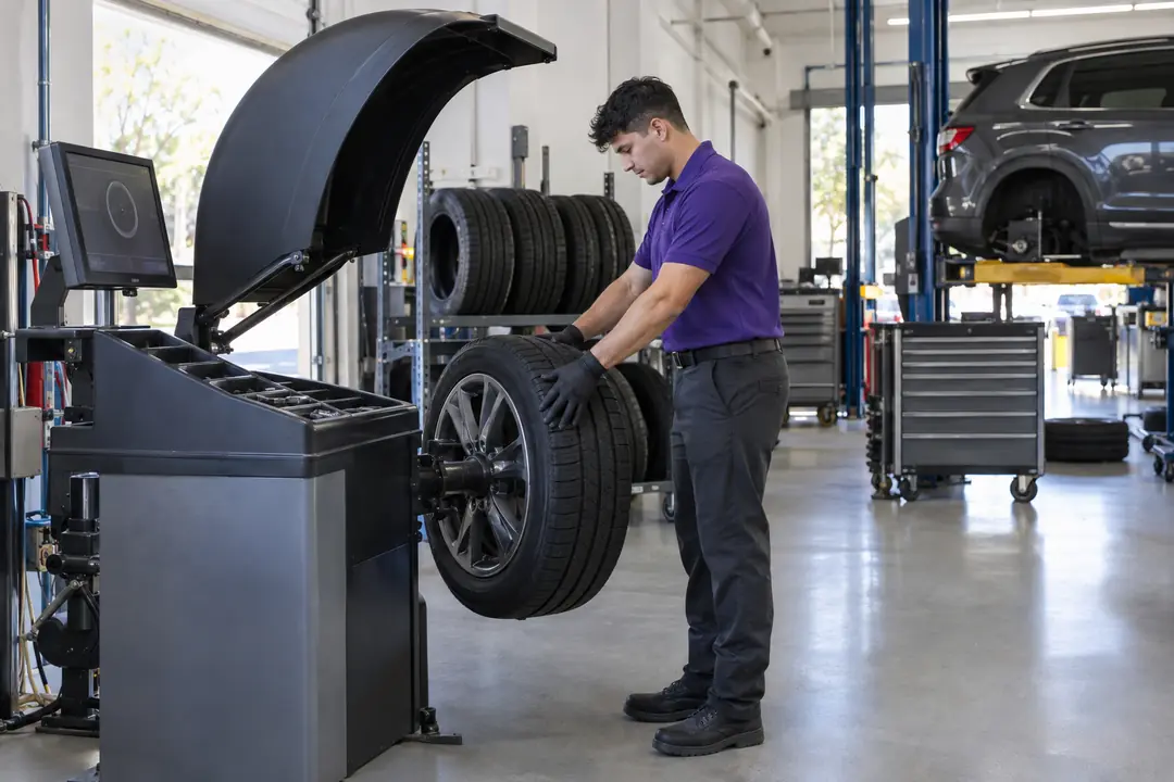 A technician mounting a wheel on a wheel balancer