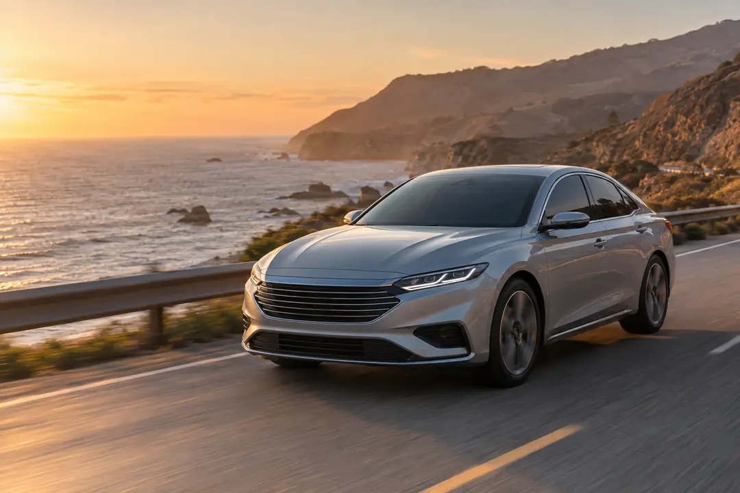 A sedan on a coastal highway at golden hour