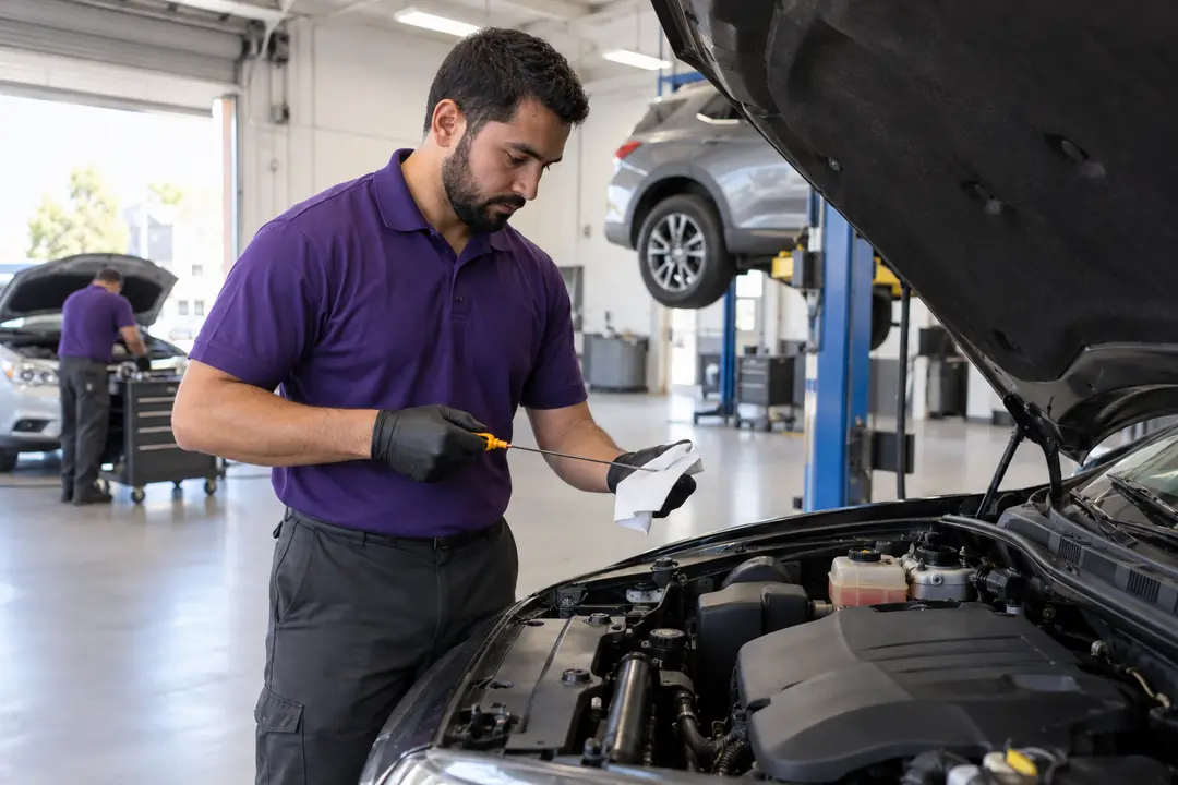 A technician wiping an oil dipstick with a shop towel