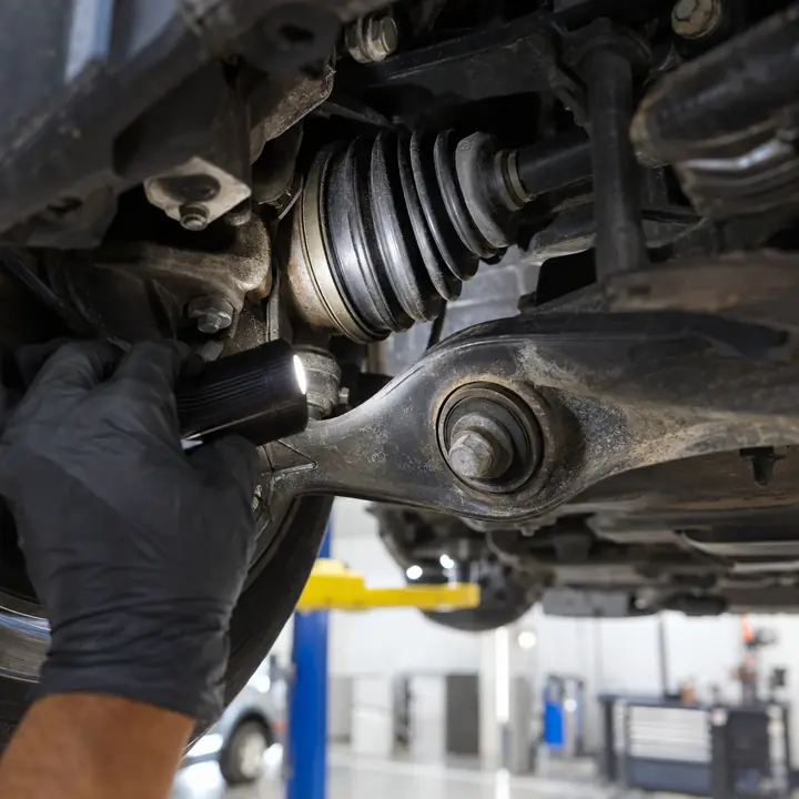 A flashlight on a CV axle boot and control arm bushing