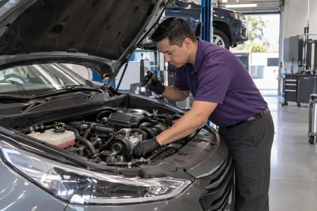 A technician checking an engine bay with a flashlight