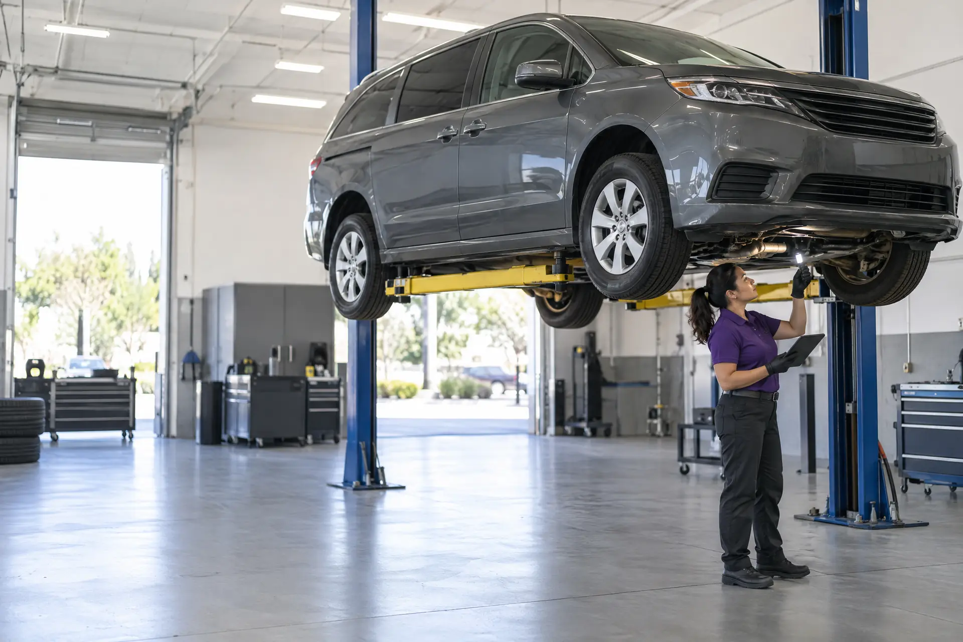 A technician with a tablet inspecting a minivan on a lift