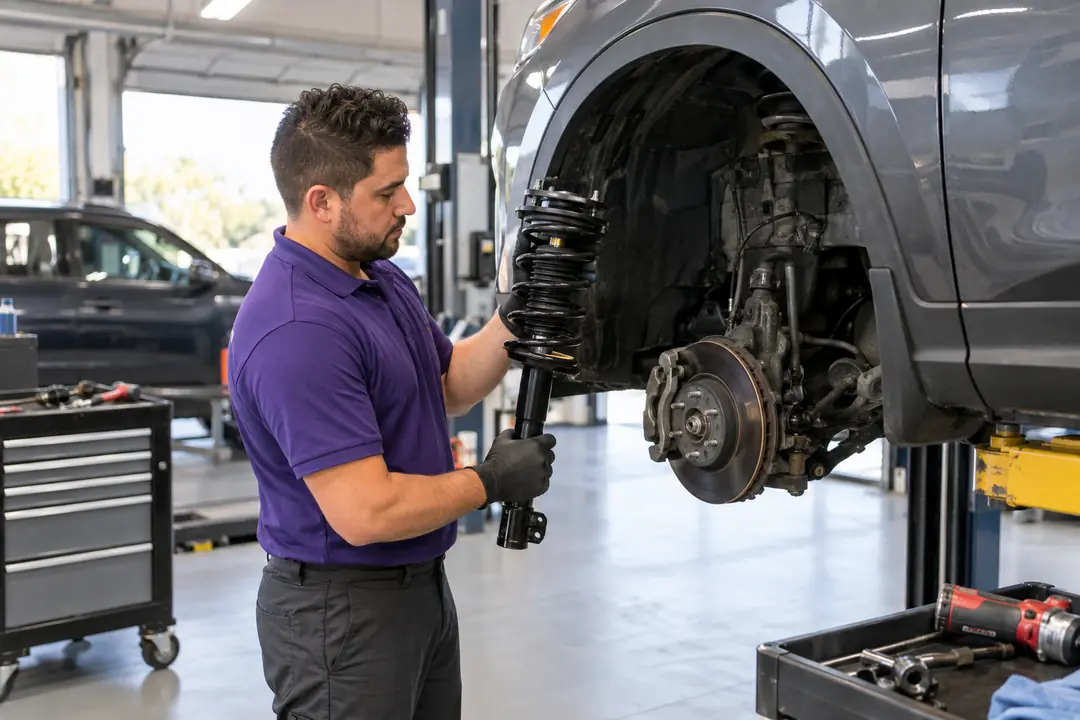A technician holding a new strut assembly beside a wheel well