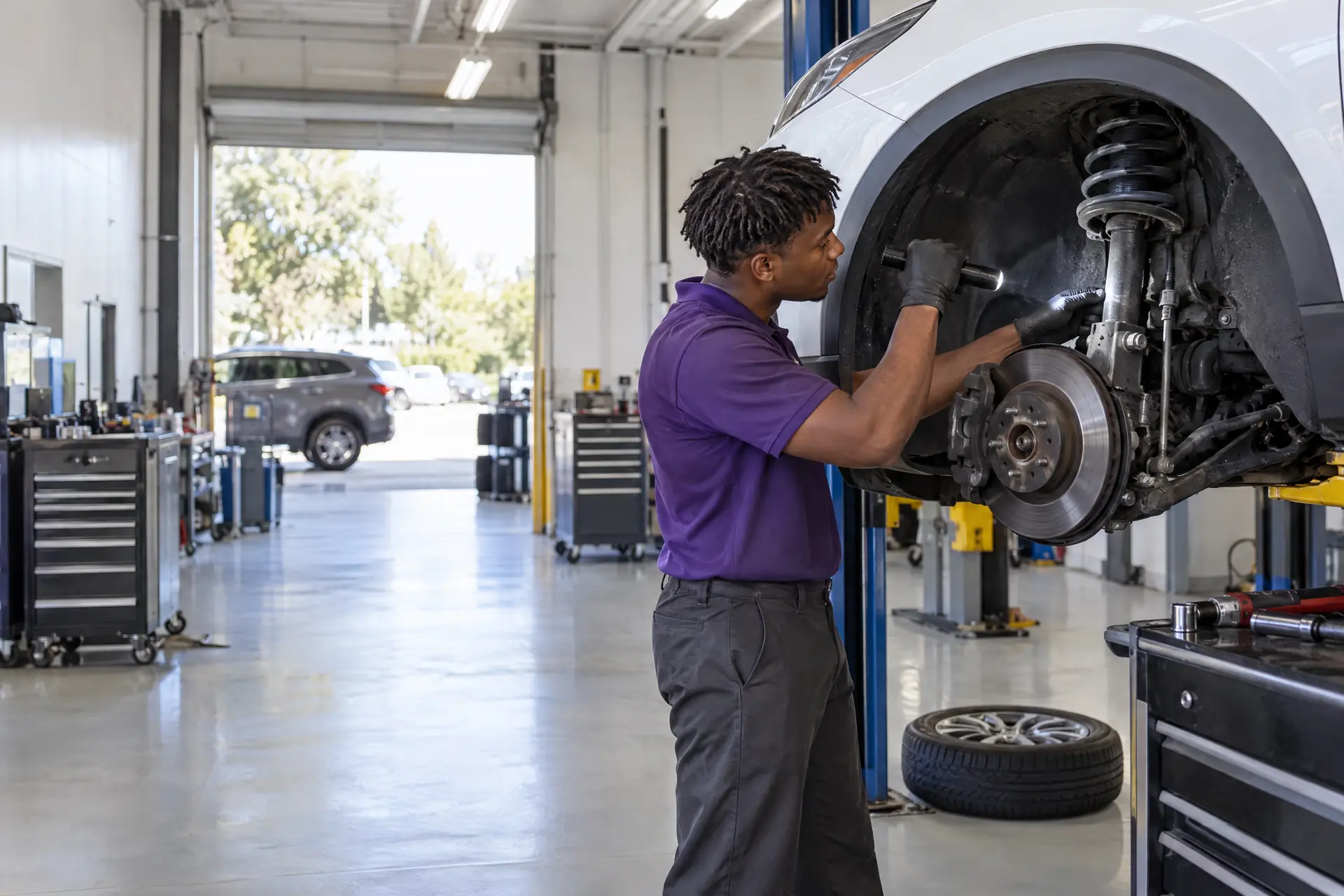 A technician inspecting a front strut on a crossover raised on a lift