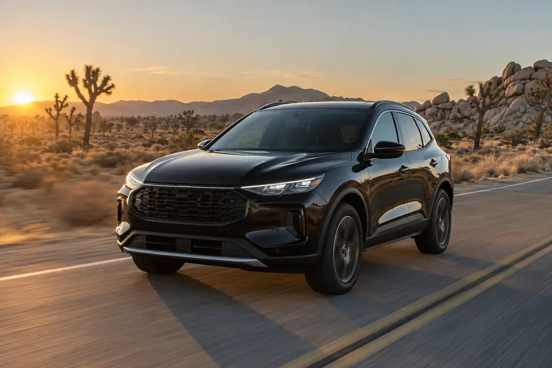 A crossover on a desert highway at sunrise