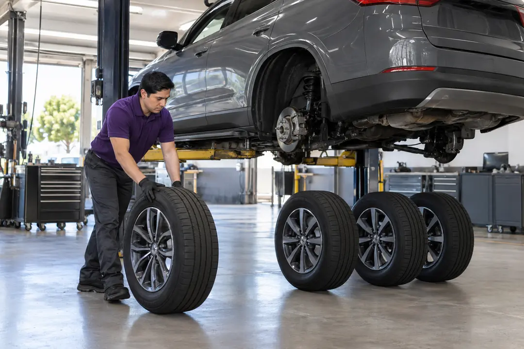 Four wheels standing in a row beside a raised SUV