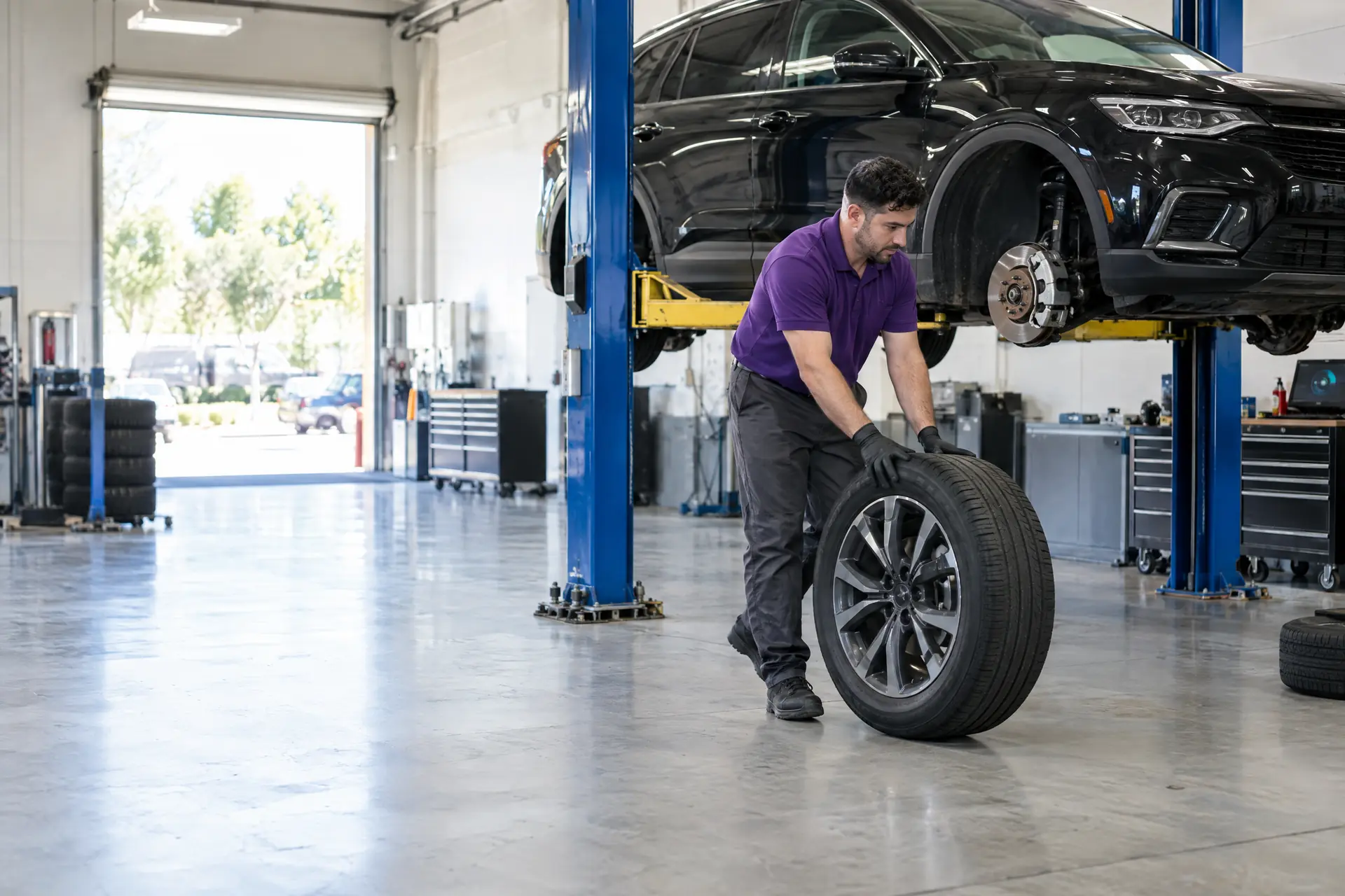 A technician rolling a wheel beside a crossover raised on a lift