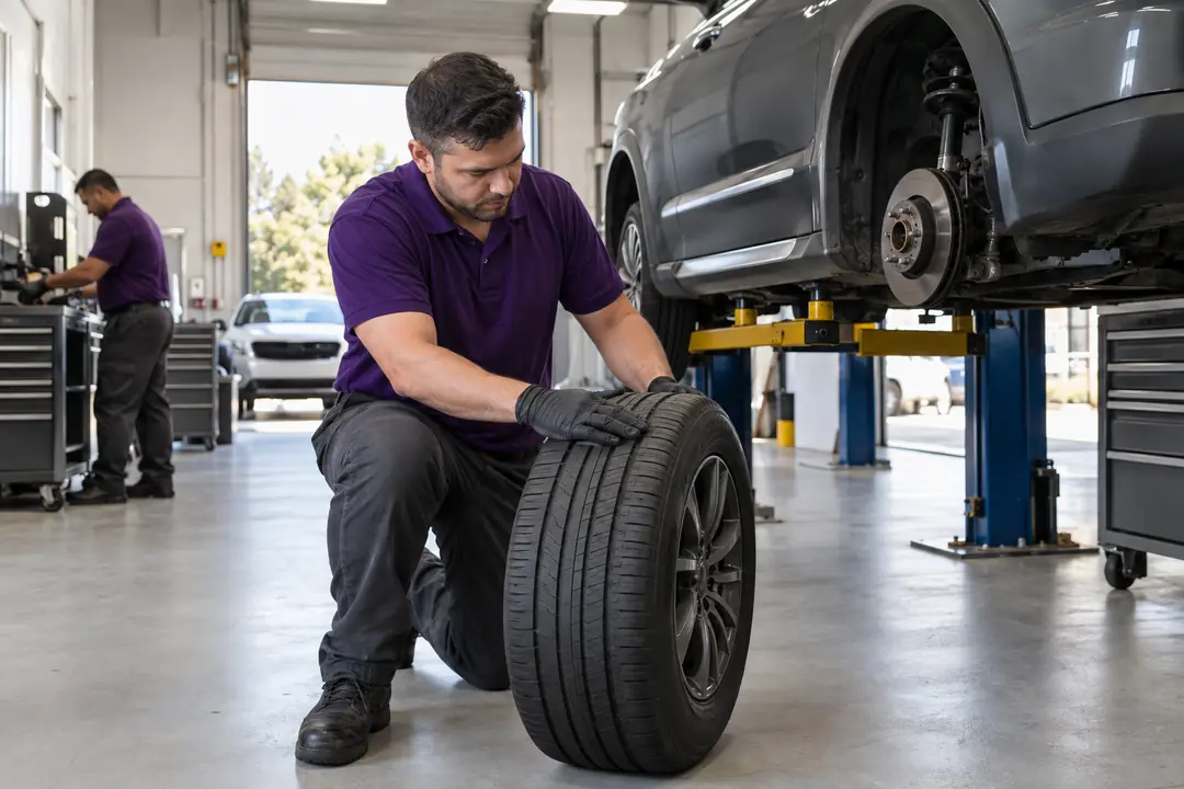 A technician running a hand across a tire’s tread