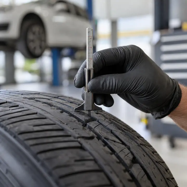 A tread depth gauge pressed into a tire groove
